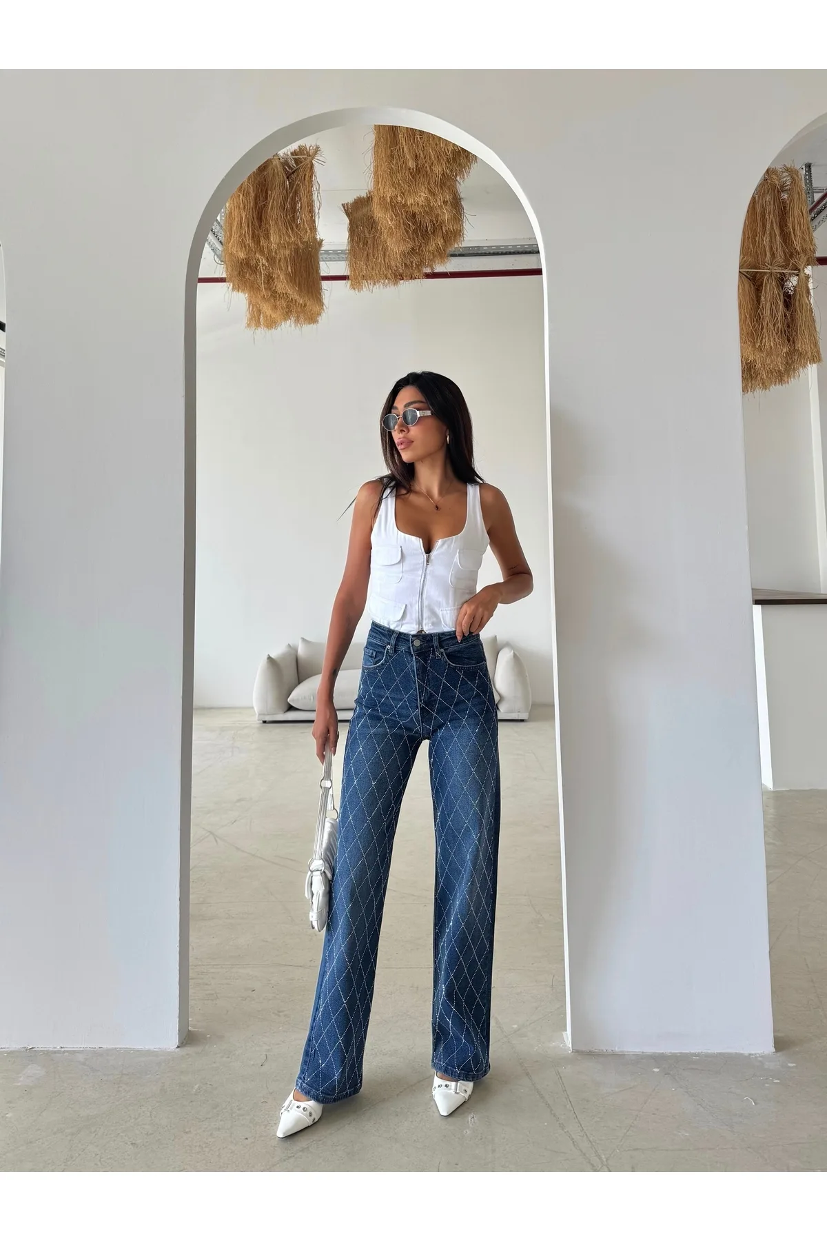 Swet Shop Jeans Kadın Yüksek Bel Vintage Parlak Taş Desenli Özel Tasarım Likralı Palazzo Denim Jean