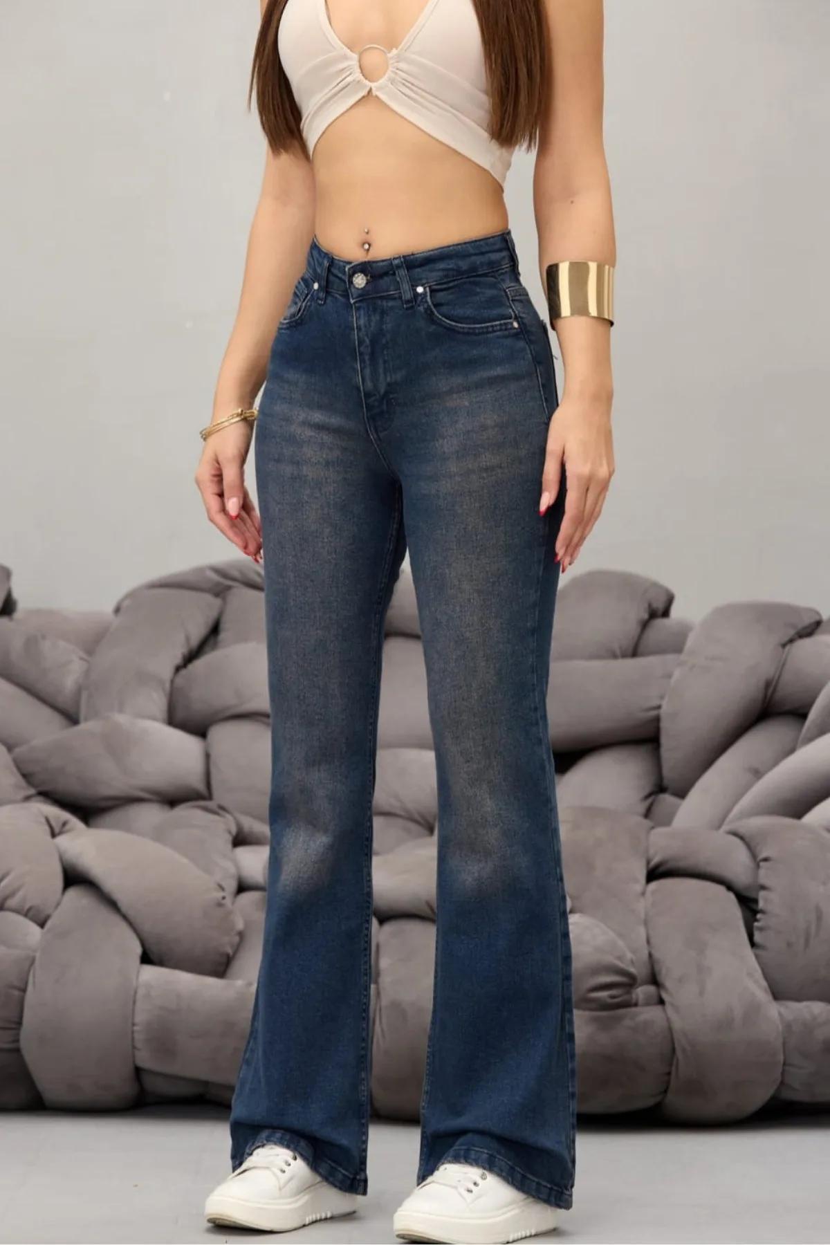 BİKELİFE Kadın Yüksek Bel Esnek Ispanyol Paça Jeans