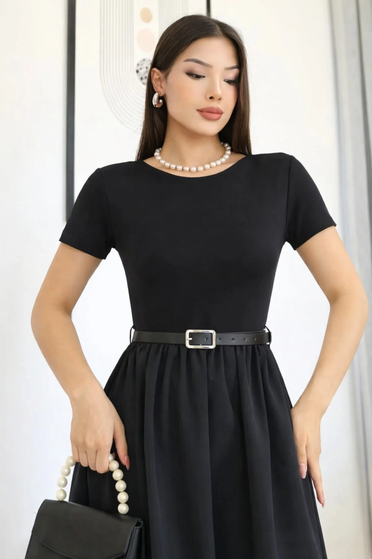 MİROR Women's Boat Neck Short Sleeve Belted Double Maxi Combination Dress