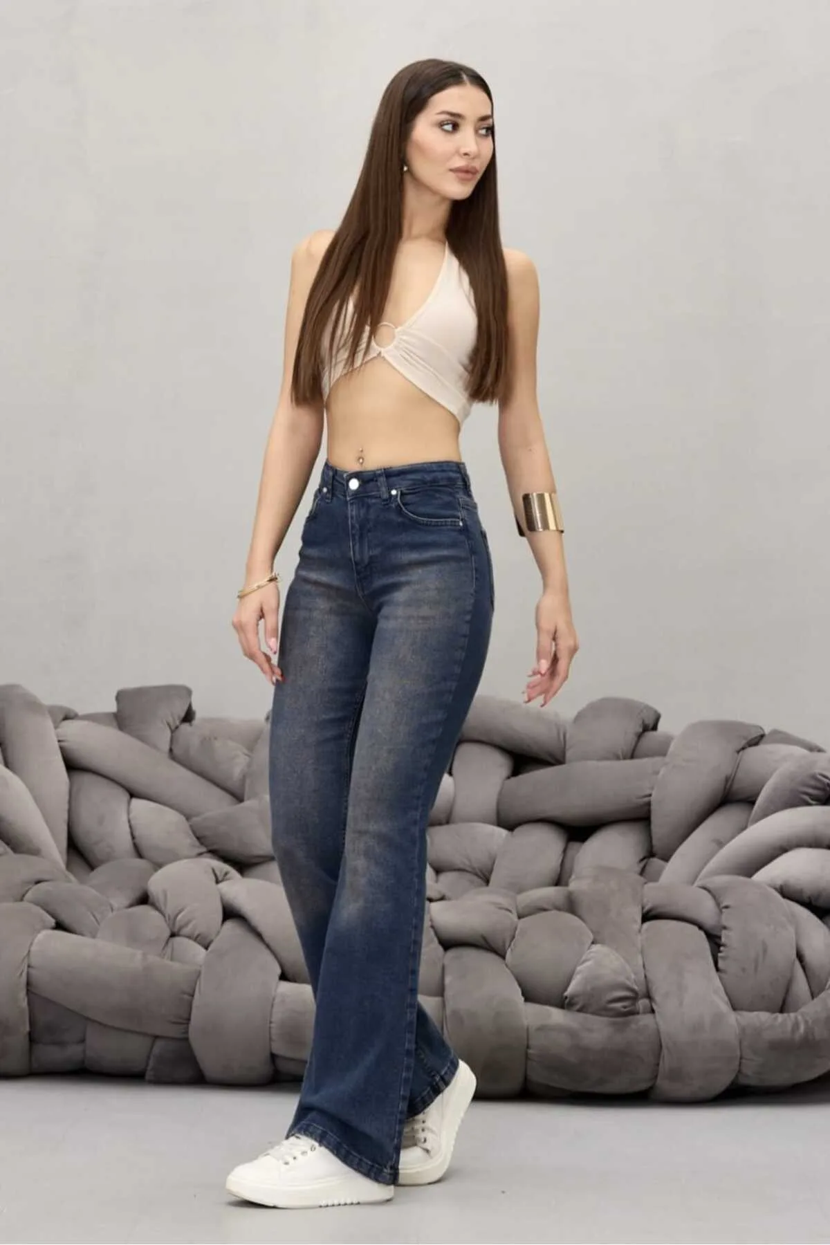 BİKELİFE Kadın Yüksek Bel Esnek Ispanyol Paça Jeans