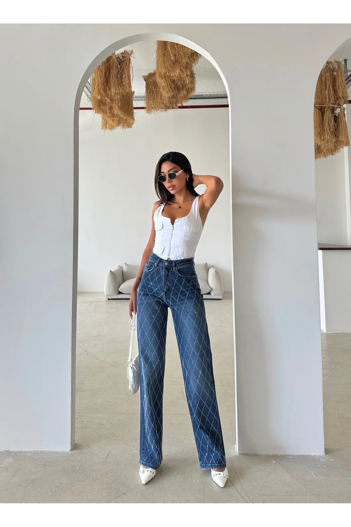 Swet Shop Jeans Kadın Yüksek Bel Vintage Parlak Taş Desenli Özel Tasarım Likralı Palazzo Denim Jean