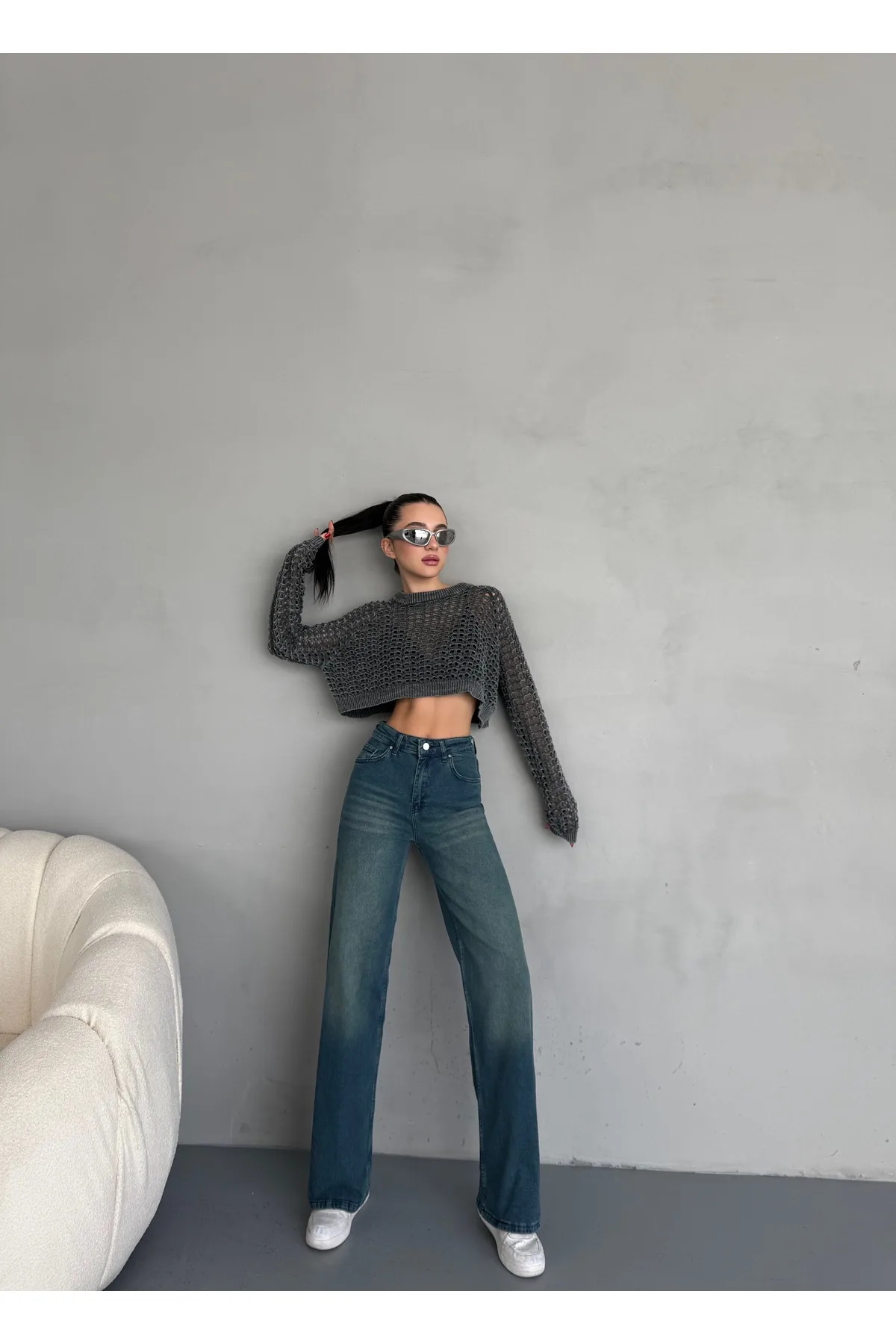 alanora Kadın Yüksek bel Soluk Efektli Vintage Palazzo Jeans