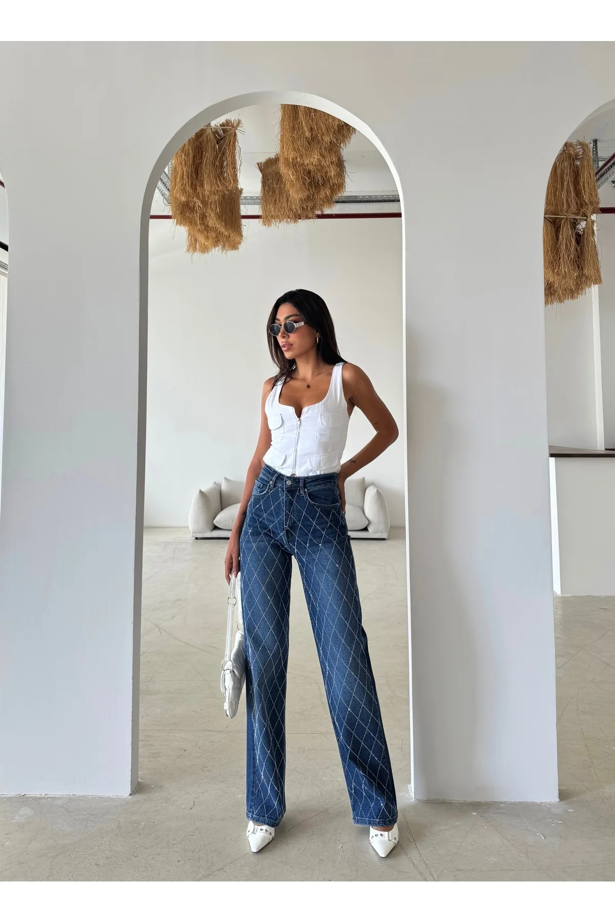 Swet Shop Jeans Kadın Yüksek Bel Vintage Parlak Taş Desenli Özel Tasarım Likralı Palazzo Denim Jean