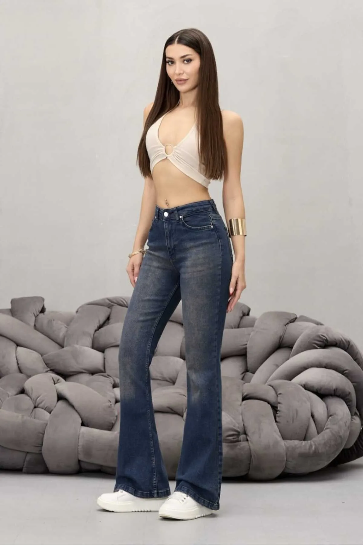 BİKELİFE Kadın Yüksek Bel Esnek Ispanyol Paça Jeans