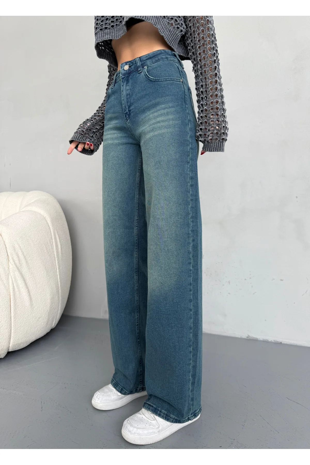 alanora Kadın Yüksek bel Soluk Efektli Vintage Palazzo Jeans