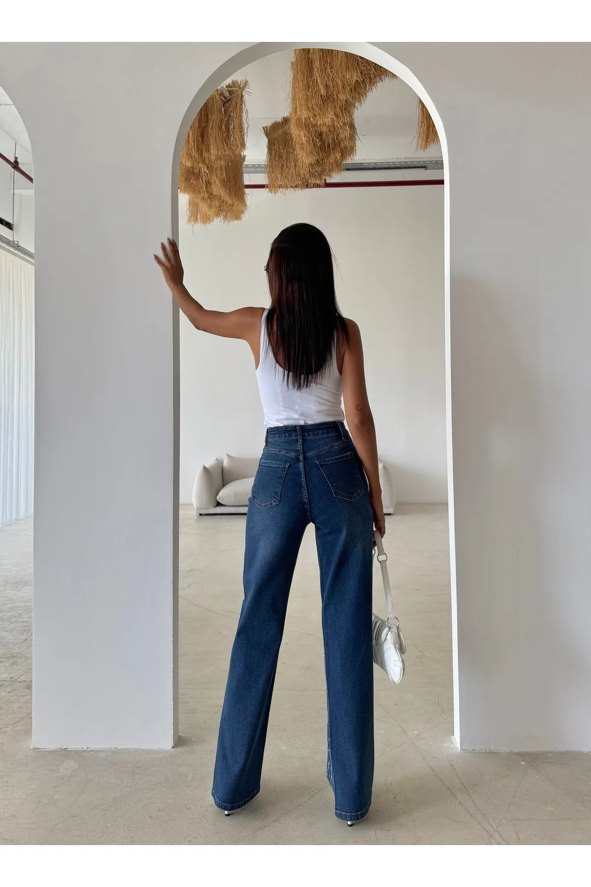 Swet Shop Jeans Kadın Yüksek Bel Vintage Parlak Taş Desenli Özel Tasarım Likralı Palazzo Denim Jean