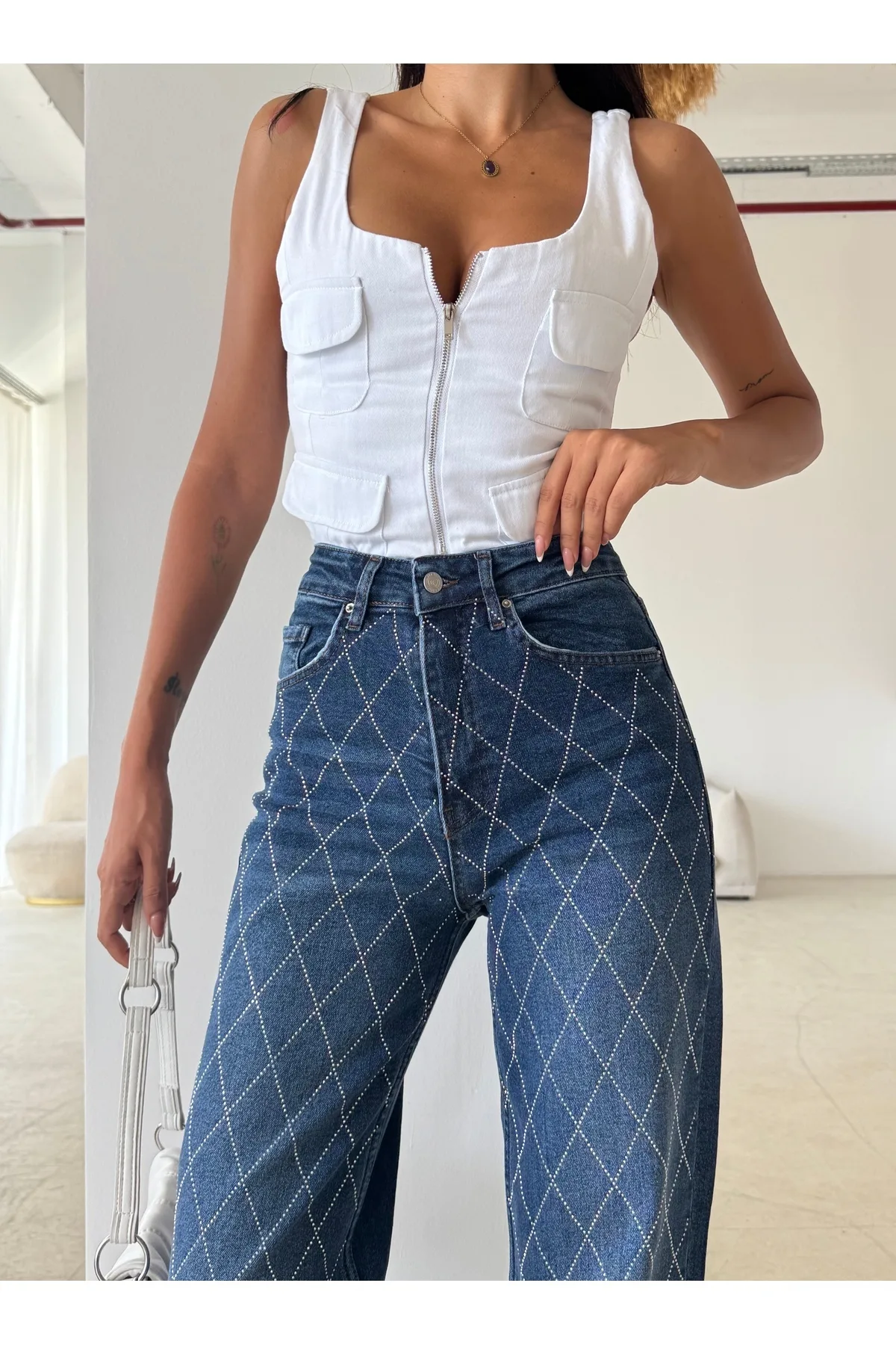 Swet Shop Jeans Kadın Yüksek Bel Vintage Parlak Taş Desenli Özel Tasarım Likralı Palazzo Denim Jean