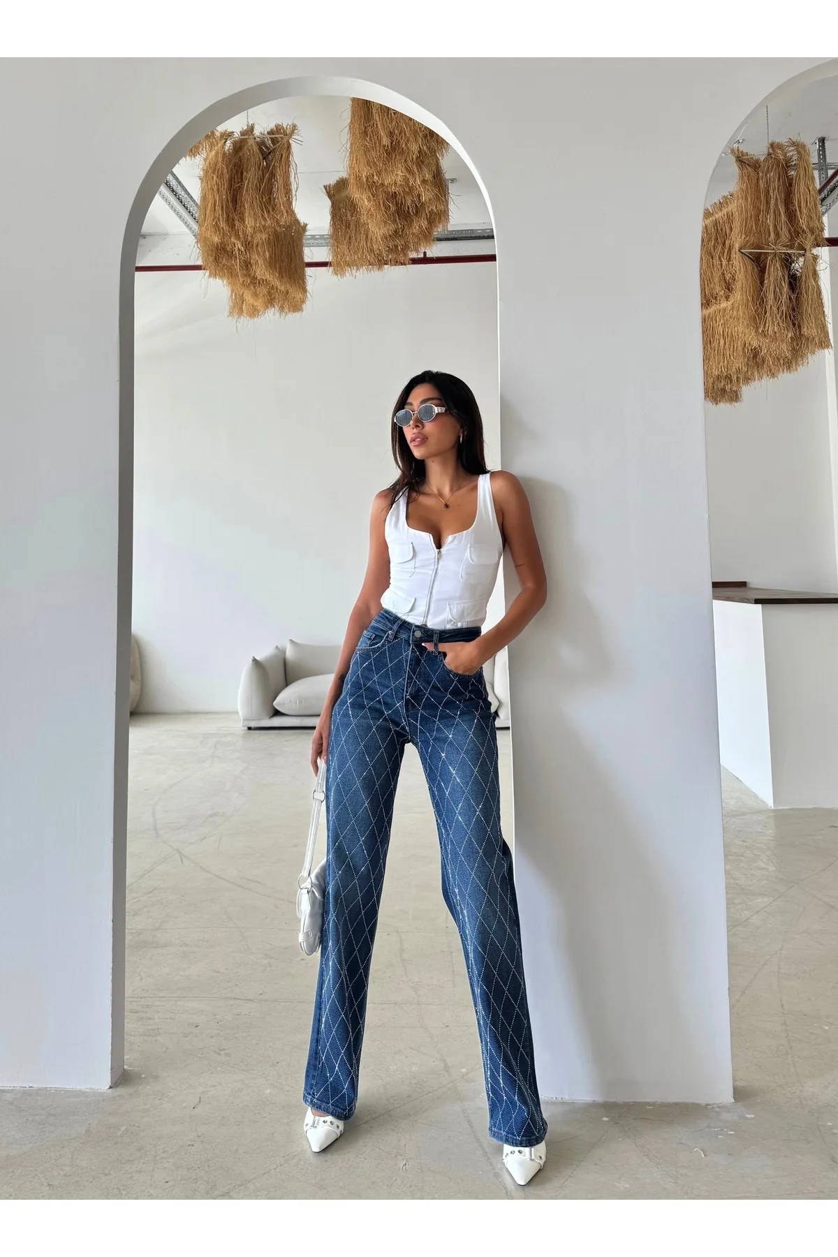 Swet Shop Jeans Kadın Yüksek Bel Vintage Parlak Taş Desenli Özel Tasarım Likralı Palazzo Denim Jean
