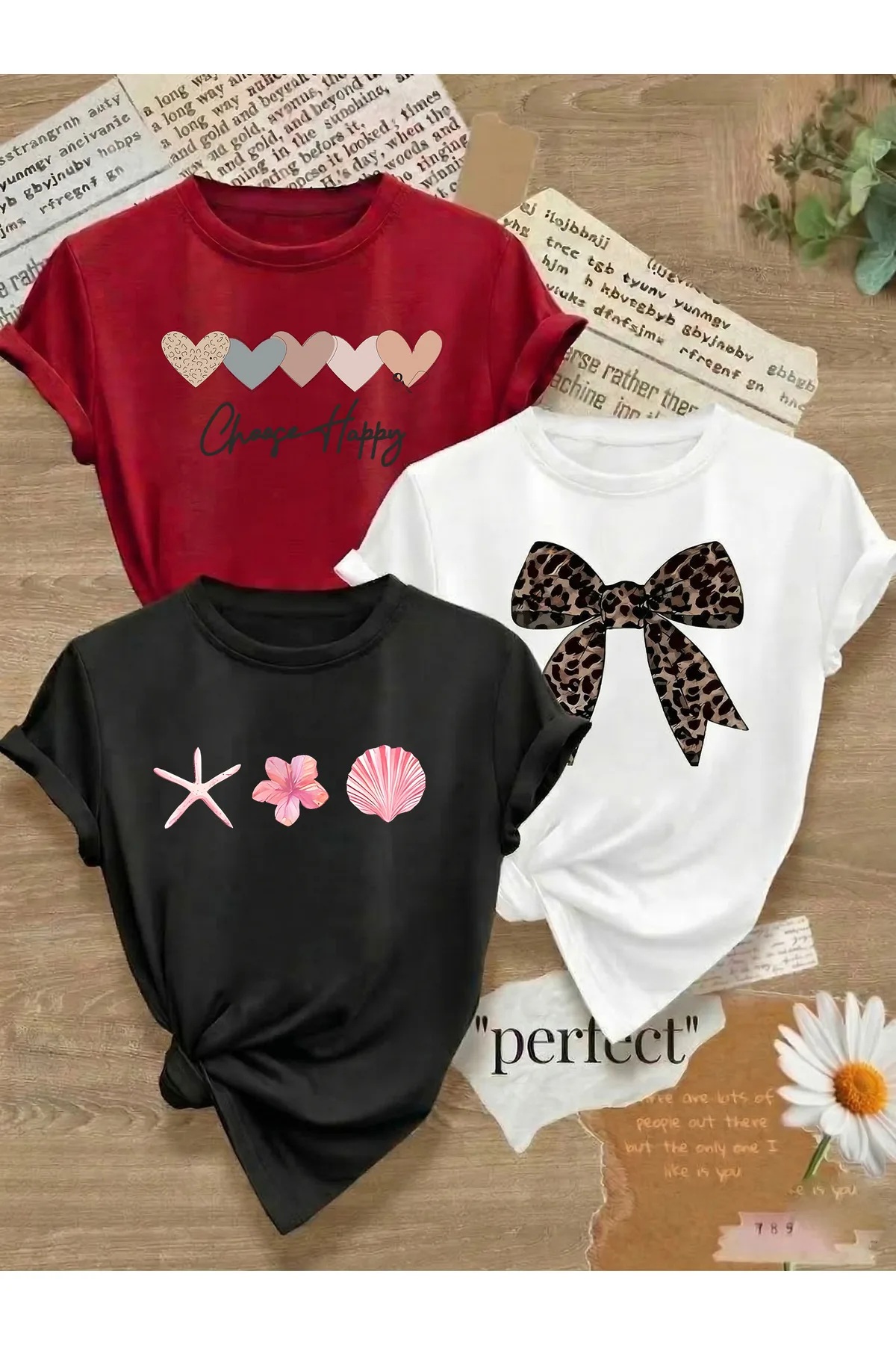Trend Sizde Unisex Baskılı Tişört Üç Farklı Tasarım Günlük Rahat Trend Model
