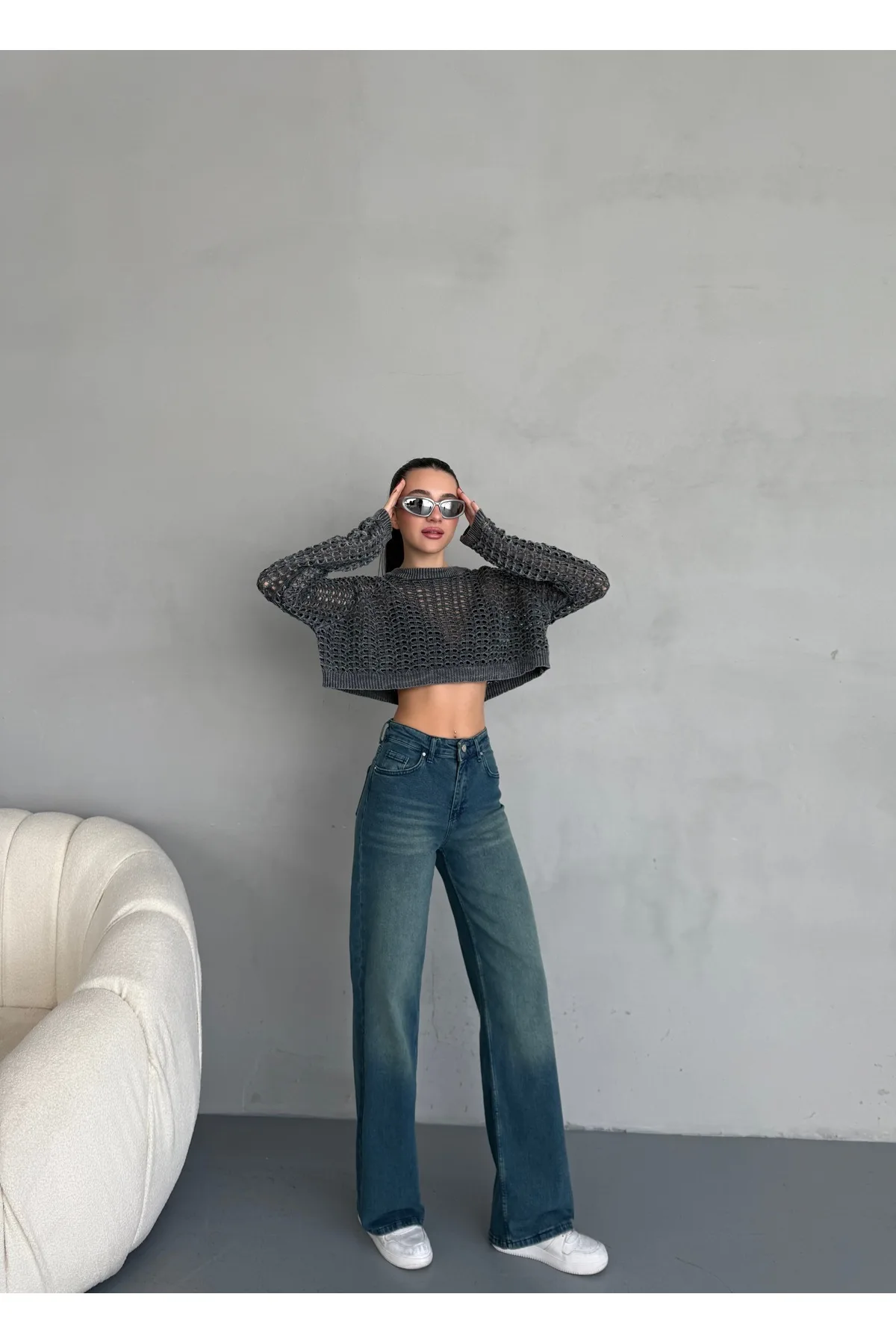 alanora Kadın Yüksek bel Soluk Efektli Vintage Palazzo Jeans