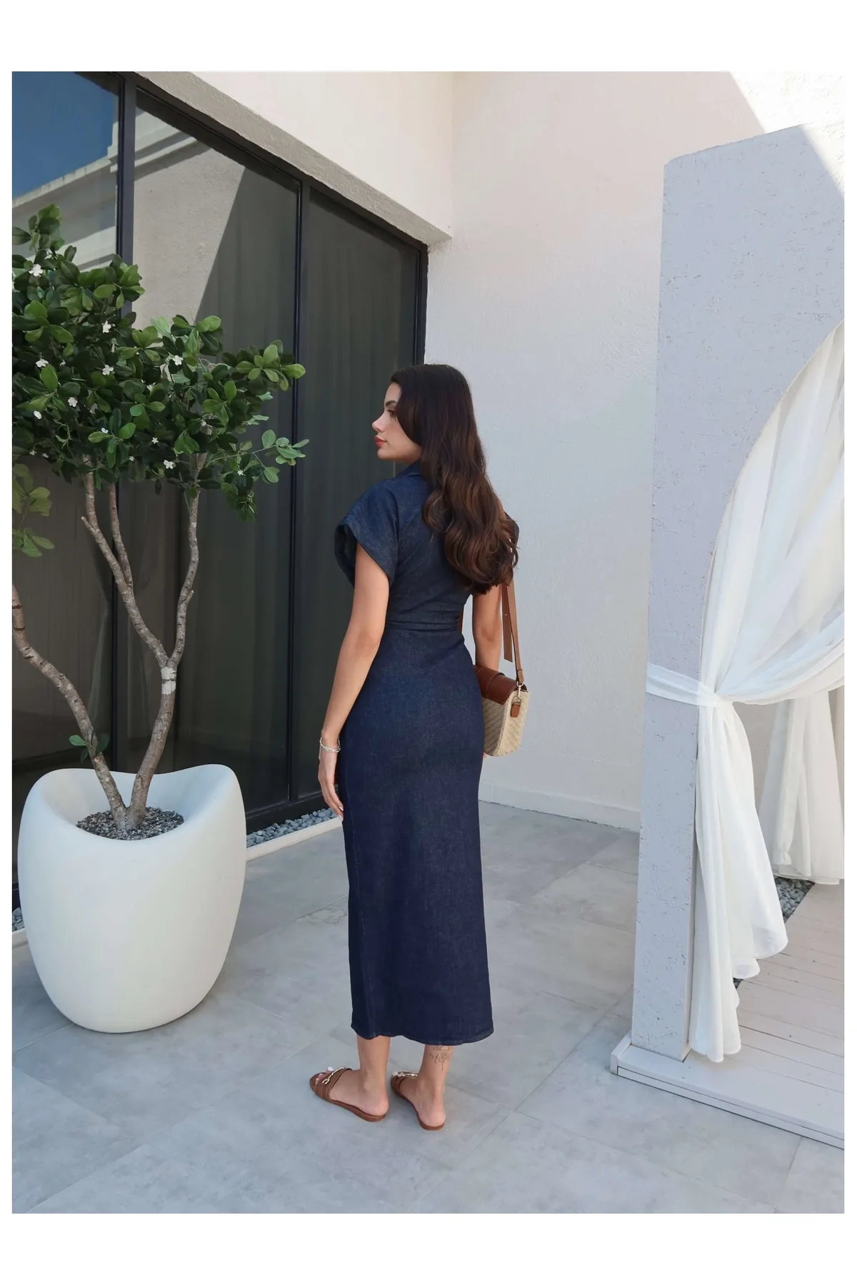 ESRAHELVACI Beli Büzgülü Uzun Denim Elbise