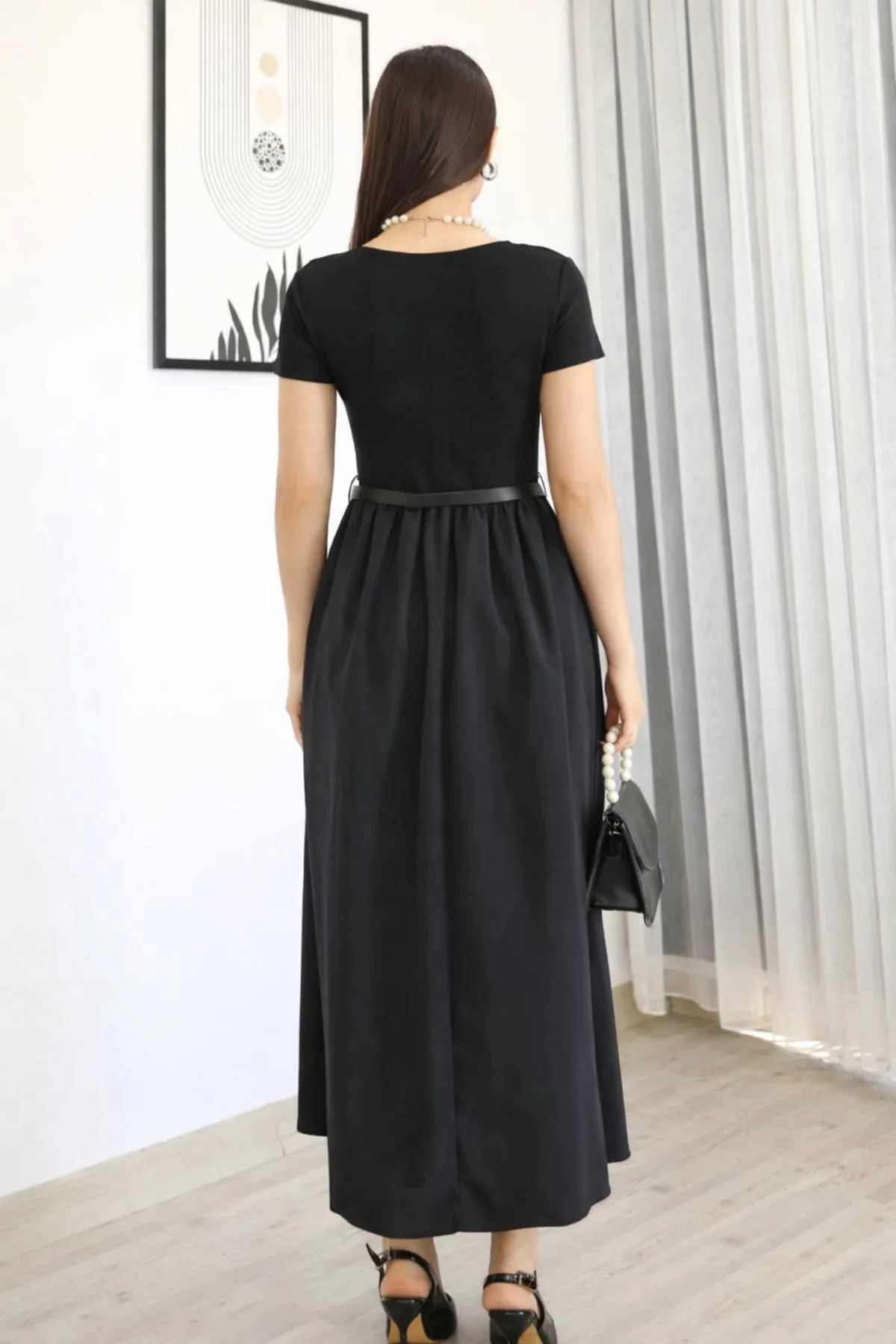 MİROR Women's Boat Neck Short Sleeve Belted Double Maxi Combination Dress