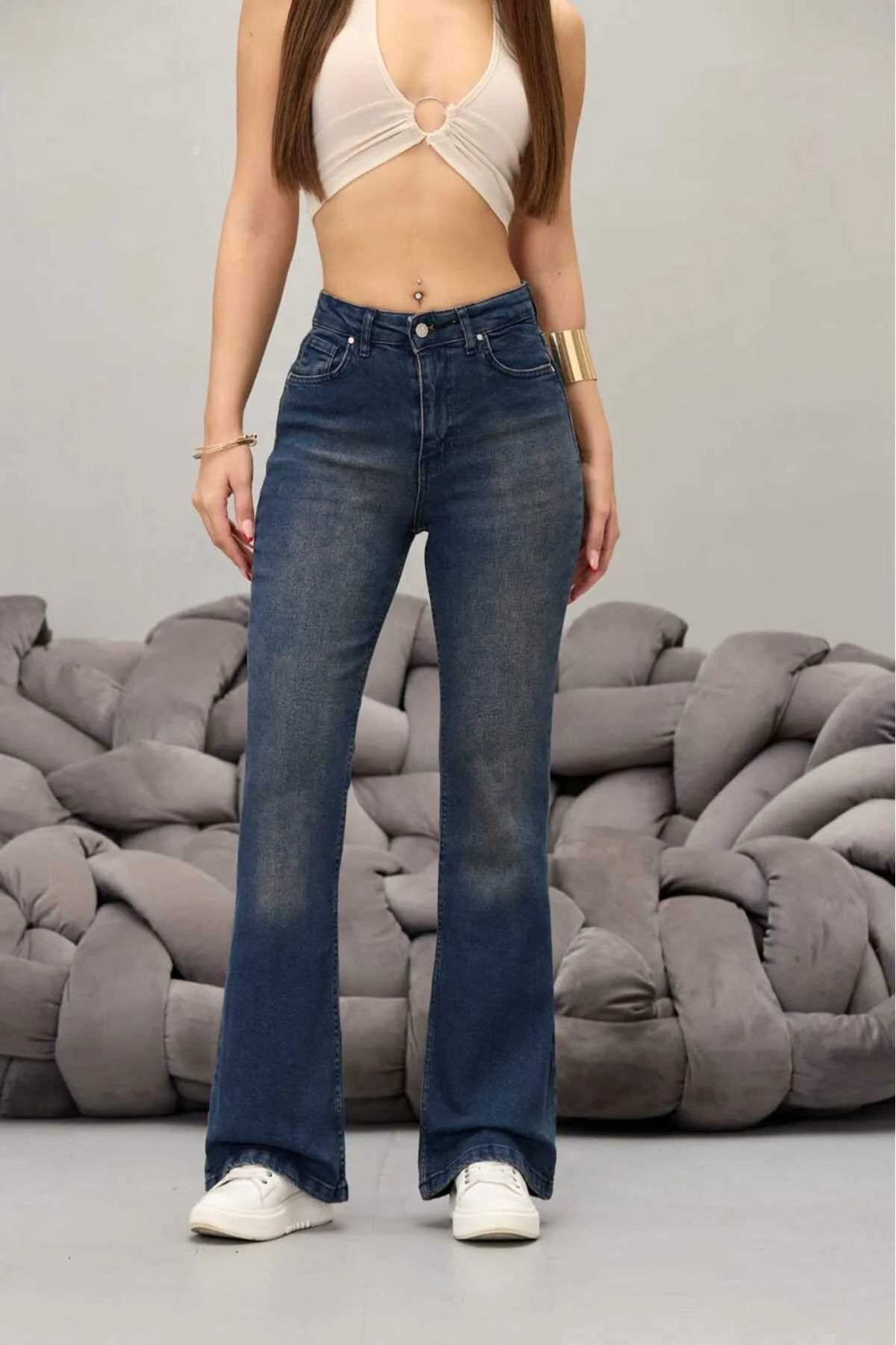 BİKELİFE Kadın Yüksek Bel Esnek Ispanyol Paça Jeans