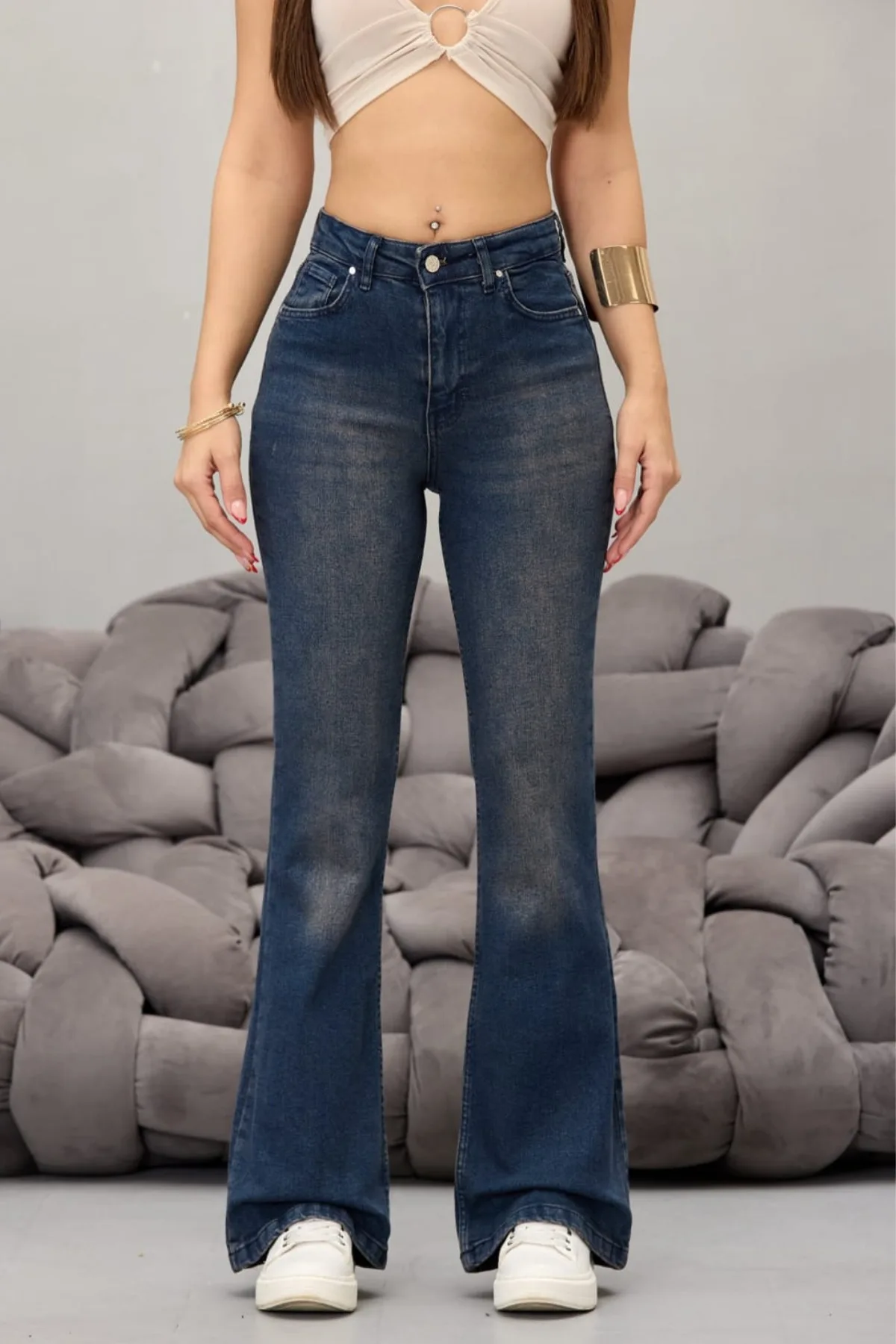 BİKELİFE Kadın Yüksek Bel Esnek Ispanyol Paça Jeans