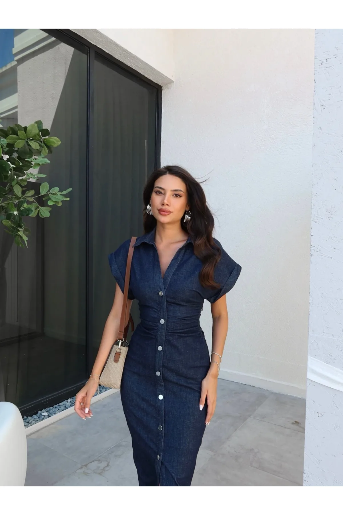 ESRAHELVACI Beli Büzgülü Uzun Denim Elbise