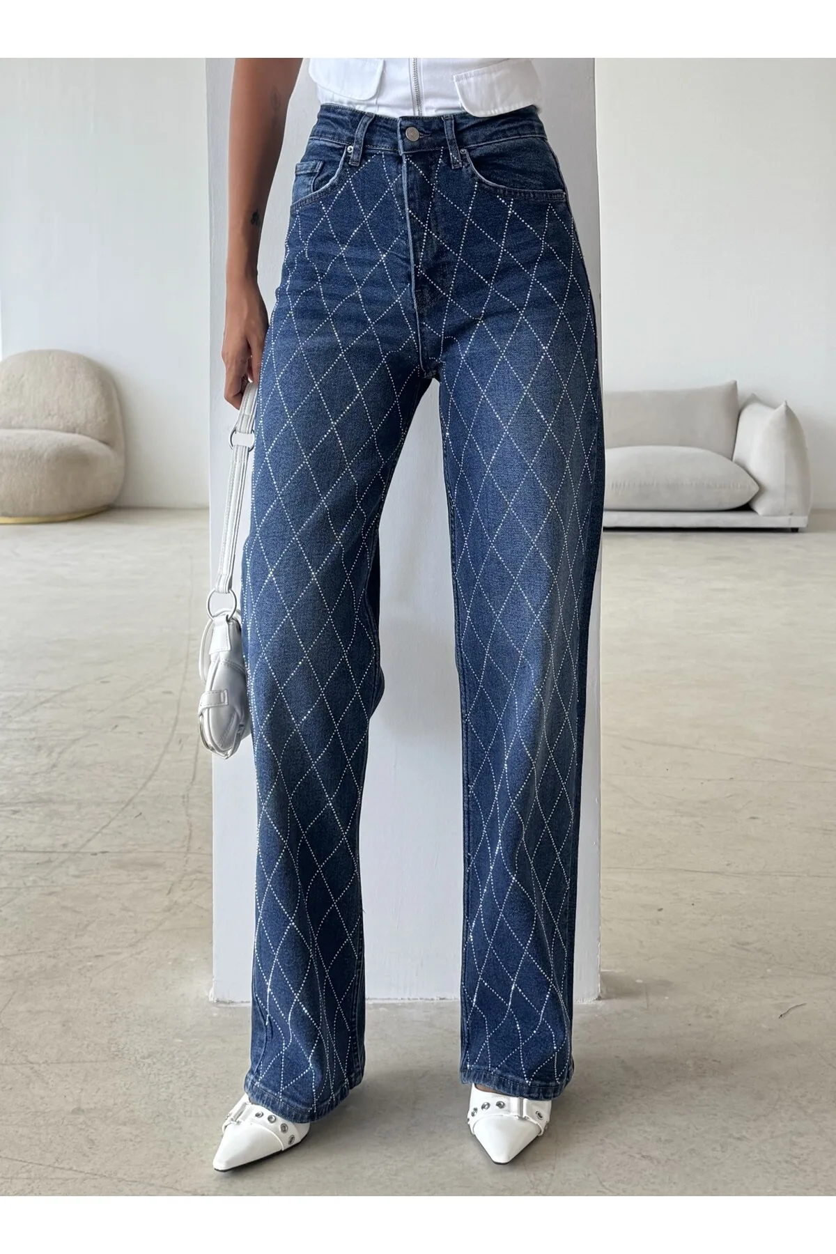 Swet Shop Jeans Kadın Yüksek Bel Vintage Parlak Taş Desenli Özel Tasarım Likralı Palazzo Denim Jean