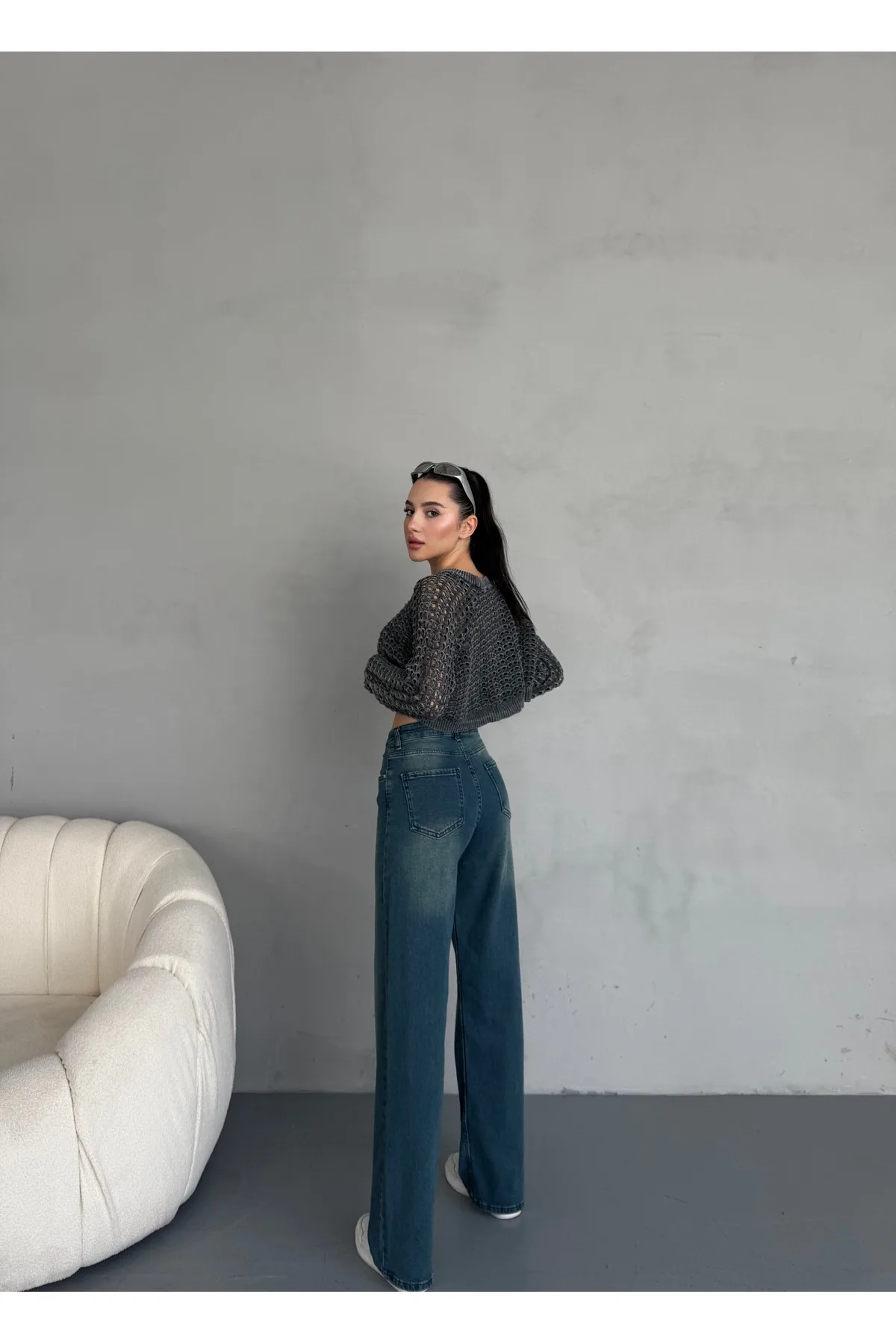 alanora Kadın Yüksek bel Soluk Efektli Vintage Palazzo Jeans