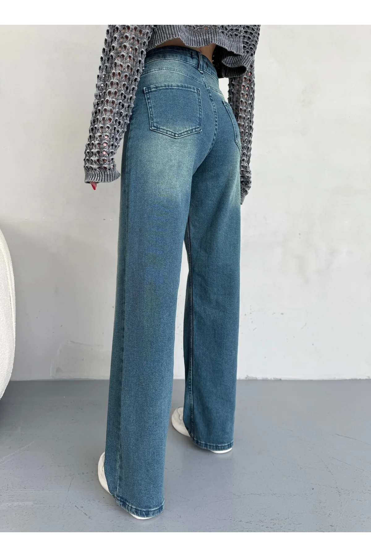 alanora Kadın Yüksek bel Soluk Efektli Vintage Palazzo Jeans
