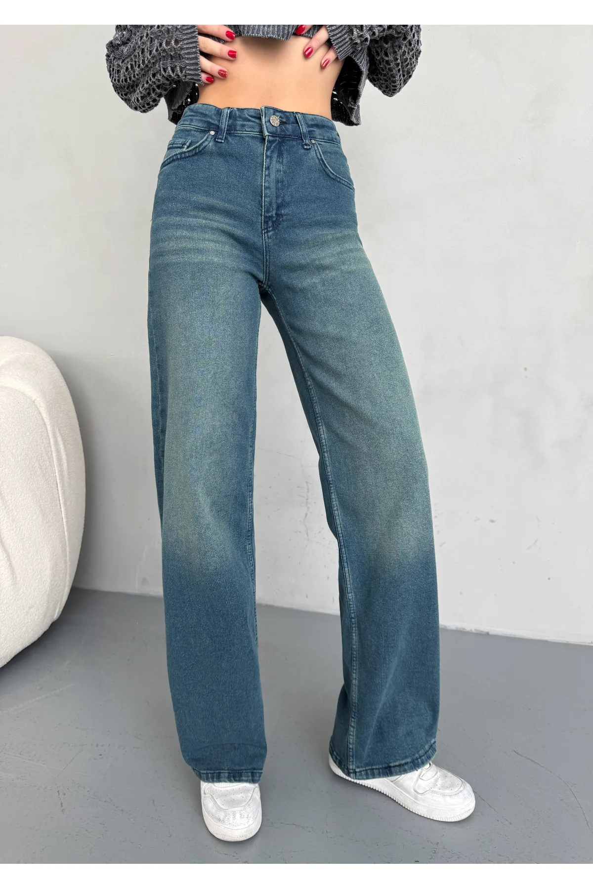 alanora Kadın Yüksek bel Soluk Efektli Vintage Palazzo Jeans